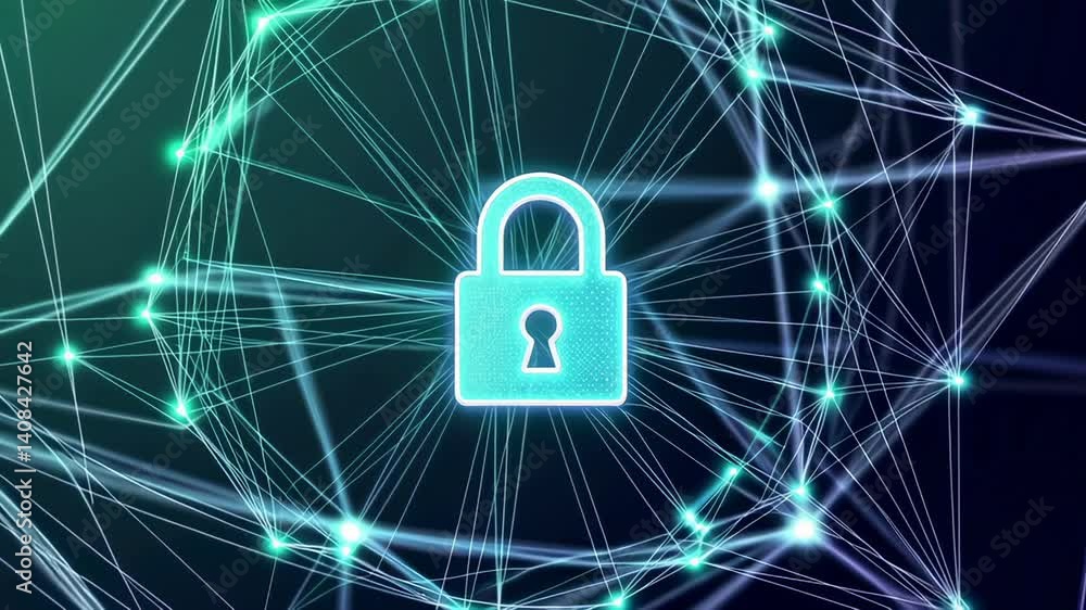 Poster Secure network visualization features a glowing padlock icon at the center of interconnected nodes, representing data protection and encryption in cyberspace
