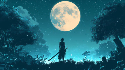 Fototapeta premium A lone warrior standing at the edge of a glowing forest, with bioluminescent plants and a giant moon illuminating the night sky, in an anime-inspired art style. Illusory Sword. Illustration