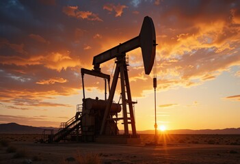 Oil pumpjack silhouette against dramatic sunset sky in desert landscape.