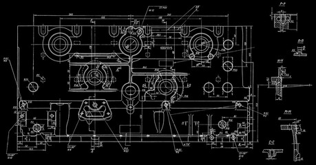 Cylinder block of engine of cargo vehicle. Engineering mechanical drawing of automotive device. Industrial cad scheme on paper sheet. Technology design of machine building industry. Machined template.