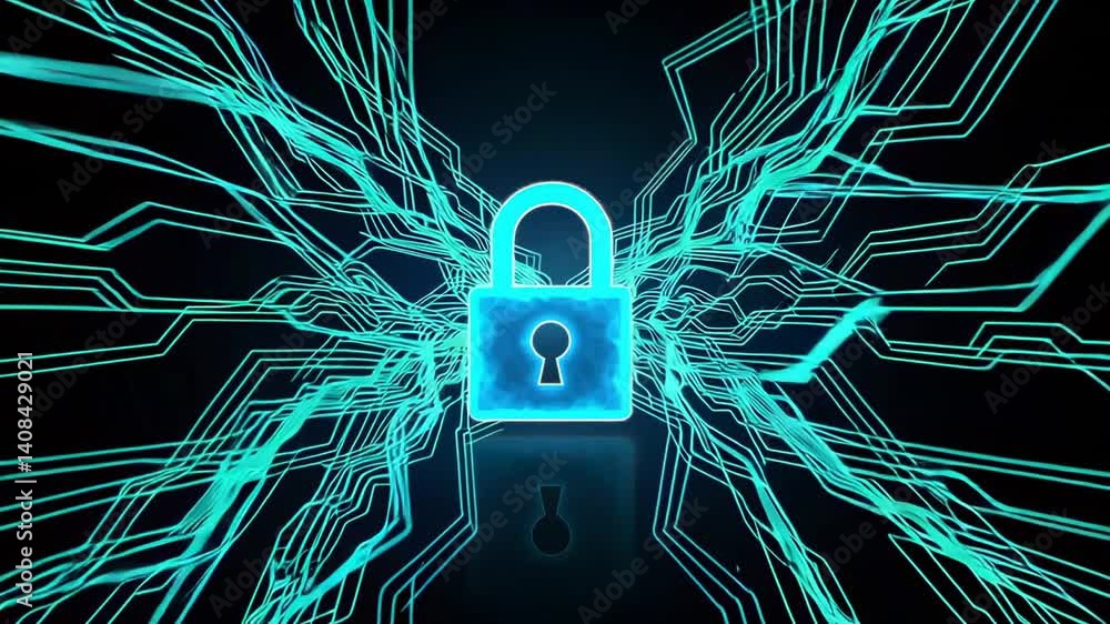 Poster Padlock icon glows against backdrop of dynamic lines, representing secure access to digital networks and sensitive data protection in various color schemes