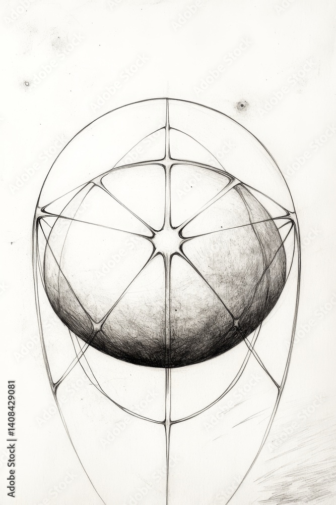 Poster abstract geometric sketch of sphere with intricate line patterns