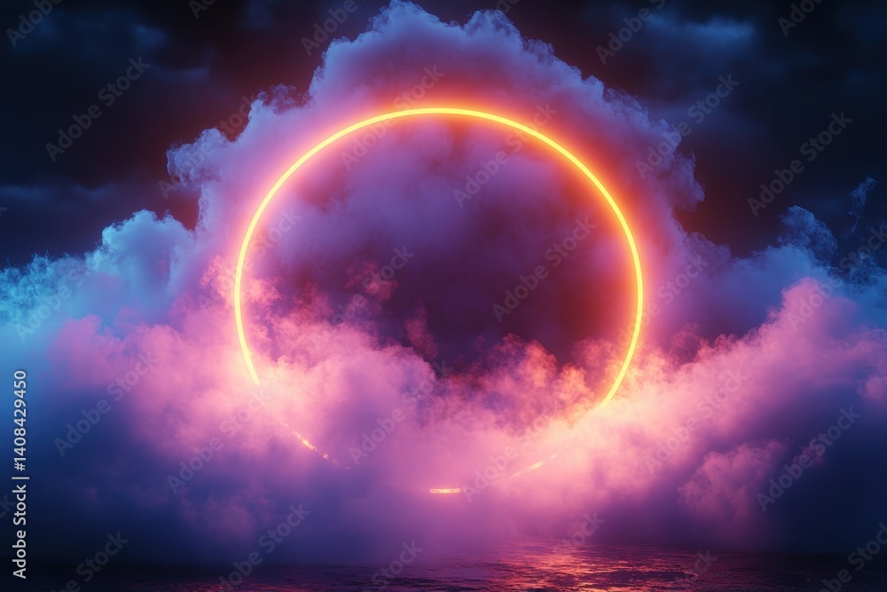 Aufkleber mesmerizing neon ring glowing above clouds at twilight creates a captivating scene of magic and tran
