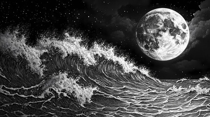 Flammarion engraving extreme details moon and sea wave black and white them. Lunar Engraving. Illustration