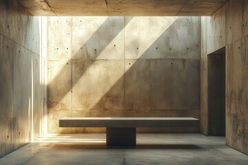 Spacious industrial interior with sunrays illuminating a concrete floor and a solitary plant against a weathered backdrop in an abandoned warehouse