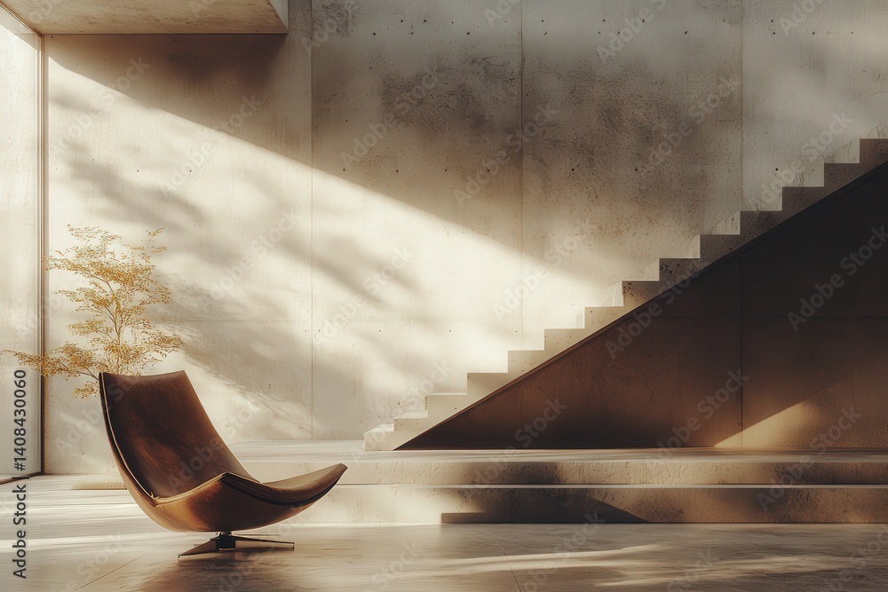 Aufkleber Modern architectural staircase with dramatic light rays illuminating textured walls in a spacious interior setting