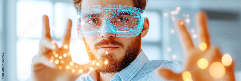 Aufkleber man wearing augmented reality glasses interacts with digital graphics in bright office. detailed set