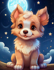 Naklejka premium A cute cartoon puppy with big sparkling eyes and fluffy fur sits happily under a starry night sky, illuminated by the soft glow of the full moon.