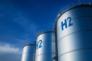 White hydrogen fuel tanks with metal railings at industrial facility for green energy storage under blue sky, Generative AI