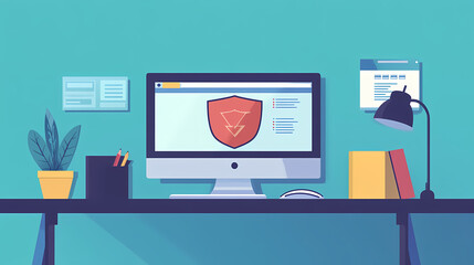 A modern office desk with a computer screen displaying a business website and a notebook. Veilpierced Shield. Illustration