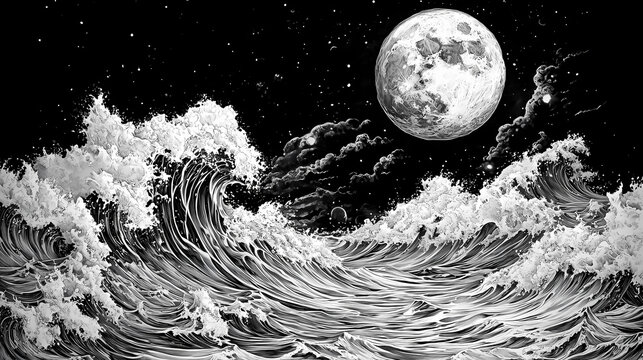 Flammarion engraving extreme details moon and sea wave black and white them. Lunar Engraving. Illustration