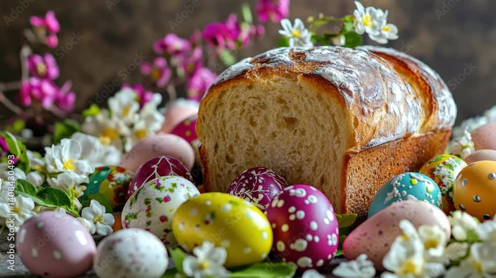 Poster a loaf of bread with a variety of easter eggs scattered around it. the bread is the main focus of th