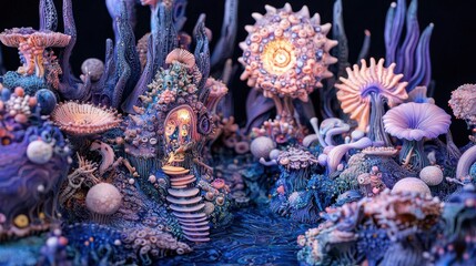 Intricate, fantastical, miniature, sculpted, surreal, forest scene with stylized, glowing, organic forms,  pastel colors, and mystical, dreamlike quality.
