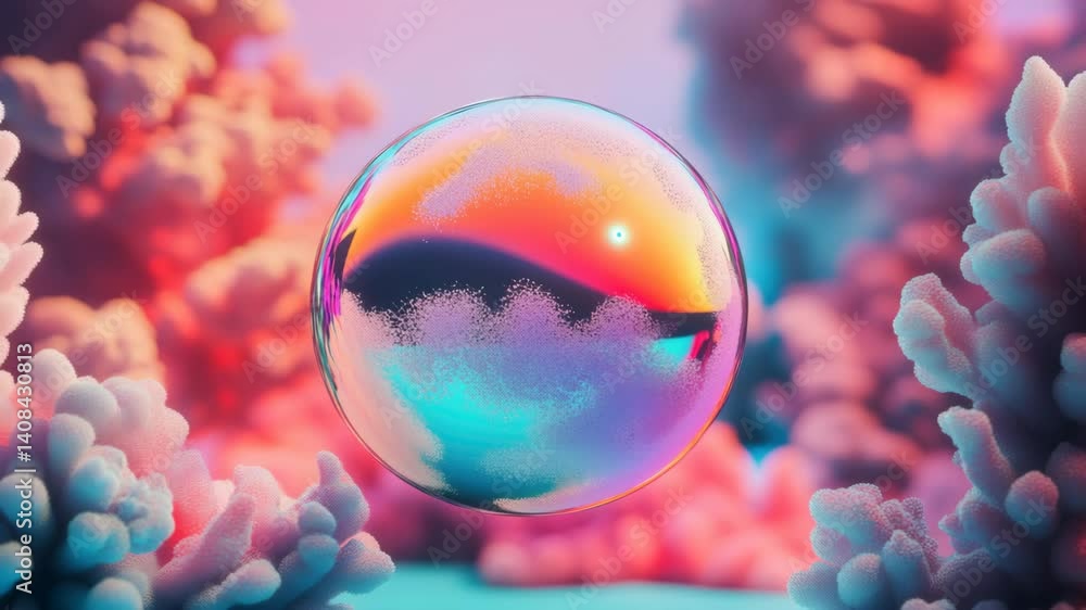 Poster a colorful, abstract image of a large, round bubble with a blue sky and clouds in the background