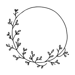 Fototapeta premium A minimalist botanical wreath composed of clean, hand-drawn lines and simple leafy branches arranged into a perfect circular shape.
