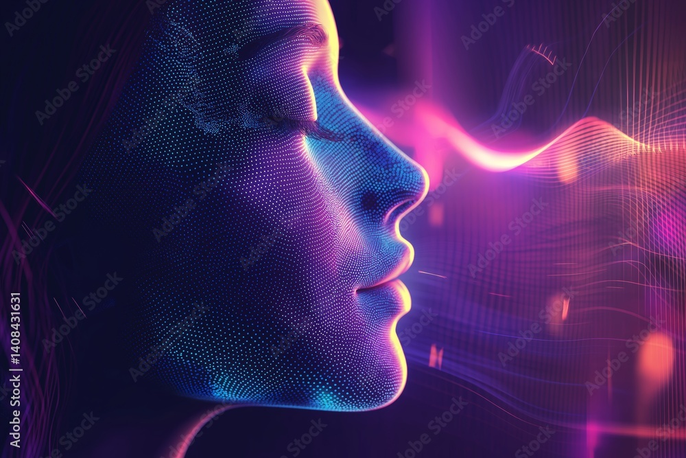 Poster Abstract wireframe face in profile with glowing blue digital particles and flowing data wave representing virtual identity, Generative AI