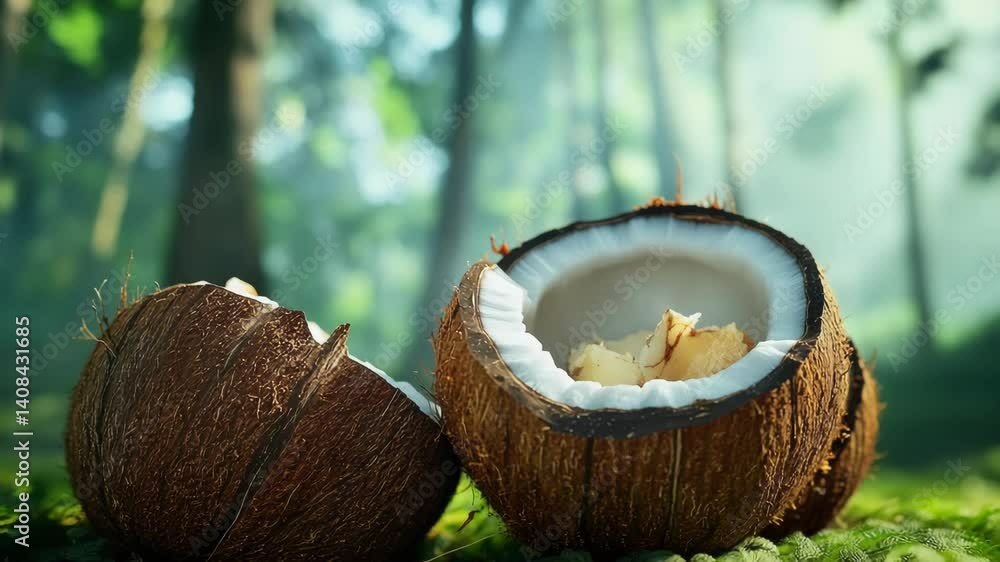 Poster three coconuts are on a table, one of which is cut open. the image has a tropical feel to it, with t