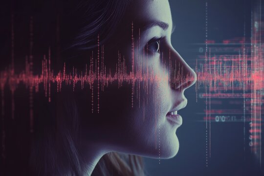 Profile of woman with red sound waves visualized in front of face symbolizing futuristic voice recognition and digital audio, Generative AI

