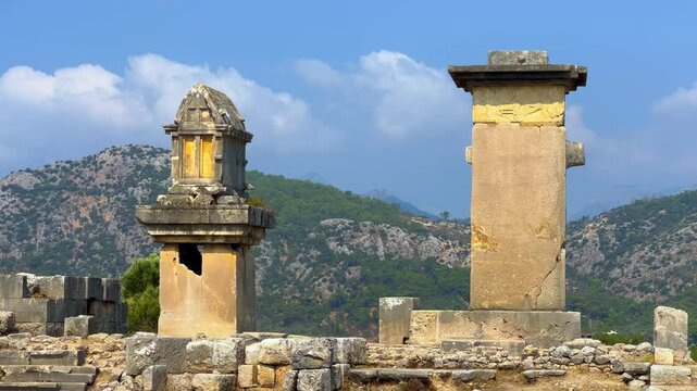 The center of culture and trade of Lycians, Persians, Greeks and Romans.Ruins of an ancient Lycian city on the banks of the Xanthos River.An open-air museum.Ancient Lycia. UNESCO.Turkey, 4k