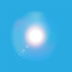 Bright, dazzling sun with glare in the clear blue sky, radiating warmth and light. Symbol of energy and life. EPS10 vector illustration.