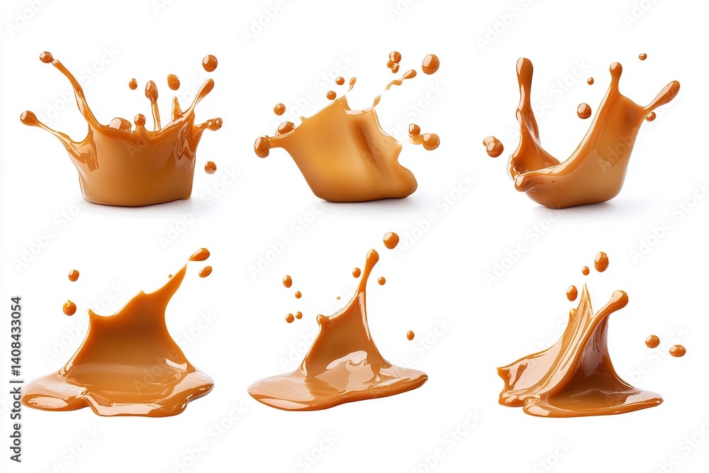 Poster collection of caramel splashes isolated on white background in various shapes and configurations of 