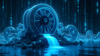 Information Processing Engine: Binary Code Watermill with Data Wheel Rotating in Blue Numerical Rivers
