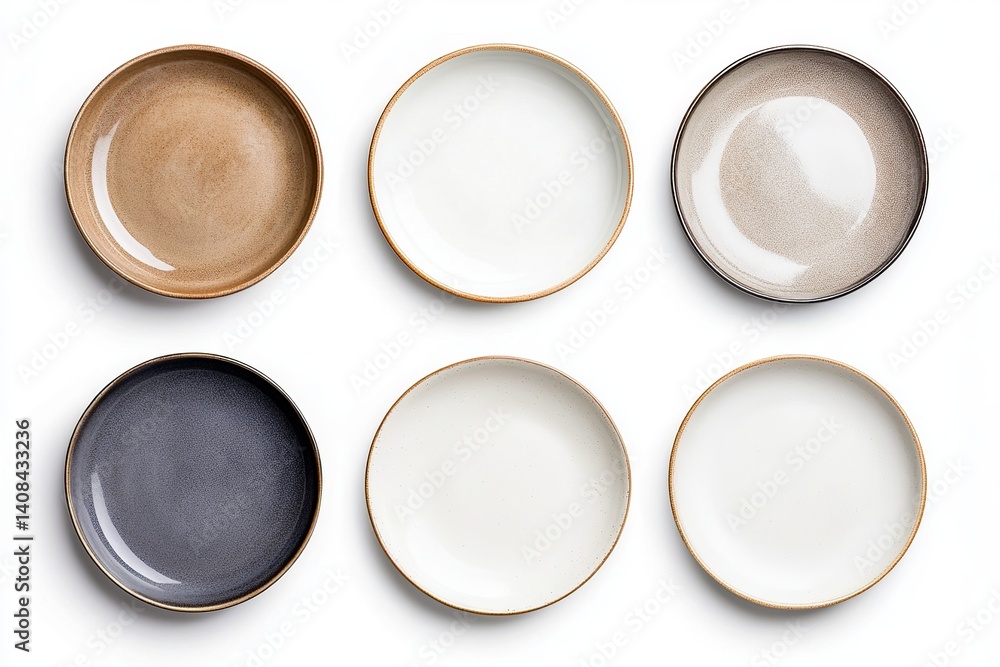 Poster a set of six round decorative plates in various colors arranged on a plain white background surface 