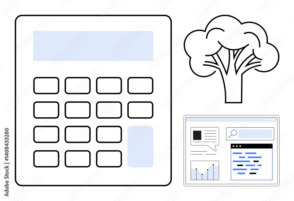 Poster calculator beside a tree icon and a webpage interface with graphs and search bar. ideal for finance,