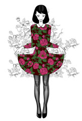 Standing girl in colorful dress with floral pattern and transparent tights on white background with linear pattern of flowers. Vector fashion illustration 