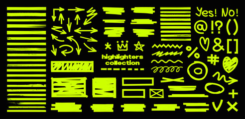 Highlighters collection - brush stroke, marker lines, arrows, round, underlines. Hand-drawn marker doodles, tick marks and sketch. Highlighters set, Handwritten notes. Vector graphic pack © SergeyBitos