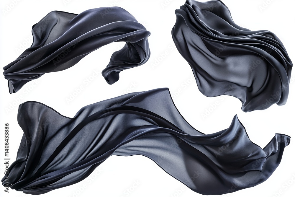 Poster three floating pieces of black fabric against a white background in a dynamic composition style