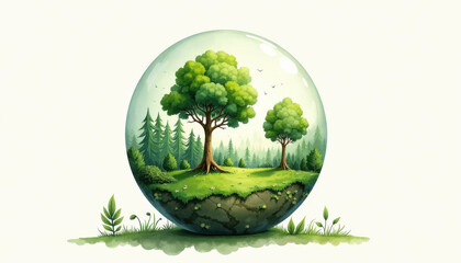 Miniature Lush Landscape in Glass Globe | Fragile Ecosystem Illustration | Concept of Environmental Preservation, Sustainable Branding, Interconnected Life