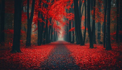 Colorful autumn forest viewed from above with vibrant orange, red, and yellow trees contrasting against evergreen foliage in a serene natural landscape