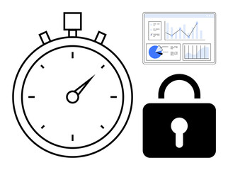 Stopwatch, data analytics dashboard with charts, and lock symbolizing time management, information security, and performance tracking. Ideal for productivity, teamwork, safety, strategy efficiency © robu_s