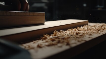 Carpenter measuring and cutting wood panels for custom cabinetry. Featuring craftsmanship and detail