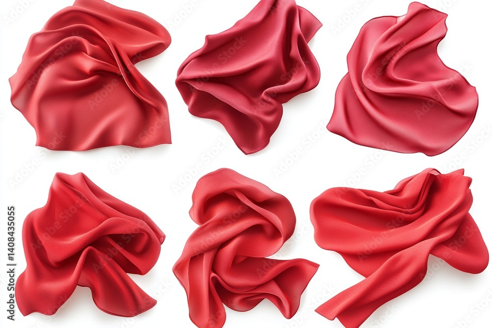 Poster six red silk fabrics arranged on a white background with soft folds and gentle shadows creating dept