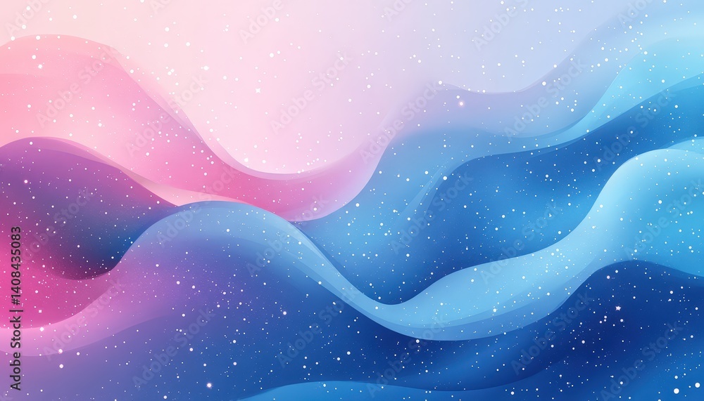 Poster Colorful abstract waves with sparkling stars create a dreamy atmosphere in a soft gradient background at twilight