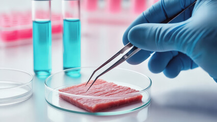 Scientist handling lab-grown meat sample with tweezers in a laboratory setting, with test tubes in the background.