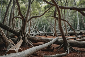 Beautiful Tapestry of Interwoven Tree Branches and Logs in a Serene Forest