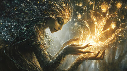 A candid image of a forest spirit weaving glowing threads into the branches of an ancient tree. Glowing Weave. Illustration