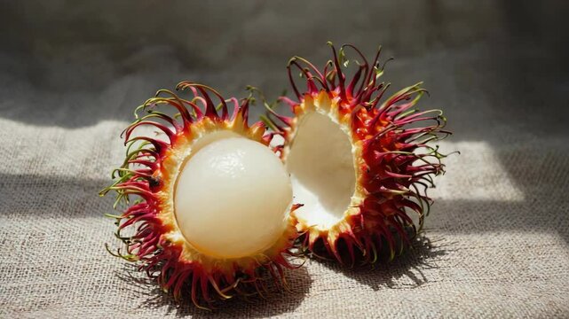 Close-up of ripe rambutan fruit split open, exposing the juicy white flesh and hairy red rind sitting on rough textile.