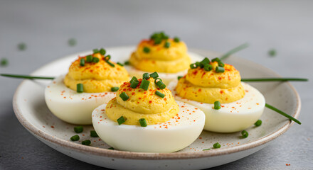 Classic Deviled Eggs Garnished With Fresh Chives And Paprika On White Plate