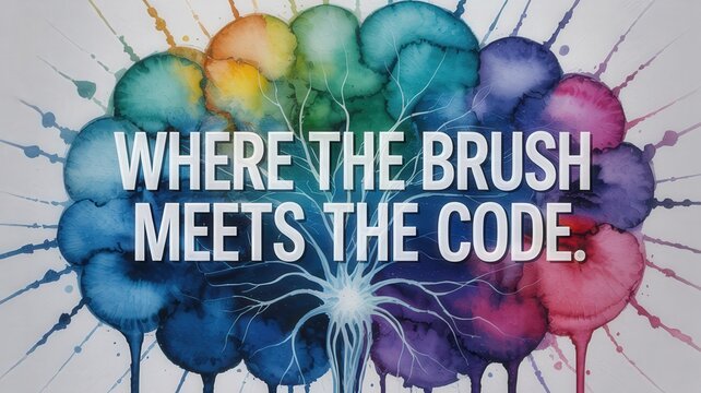 Abstract watercolor brain illustration with text "WHERE THE BRUSH MEETS THE CODE