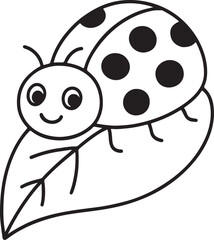 Smiling Ladybug on Leaf – Cute Bug Line Art Drawing for Kids and Coloring Pages
