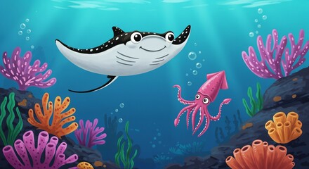 Obraz premium Friendly ray swimming alongside a playful squid in vibrant coral 