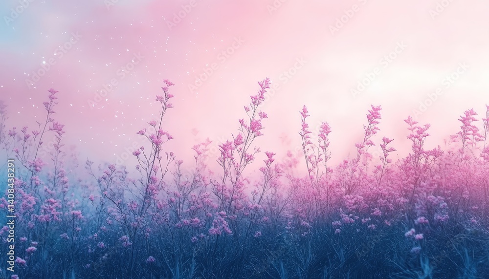 Poster Colorful abstract waves with sparkling stars create a dreamy atmosphere in a soft gradient background at twilight