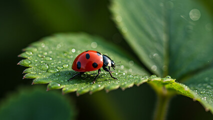 A Ladybug Exploring a Sunlit Strawberry Leaf in Spring