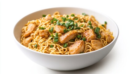 Bowl of ramen noodles with chicken and chives.