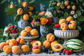 Vibrant Fruit and Flower Arrangements Featuring Apricots Berries and Melons on Lush Backgrounds