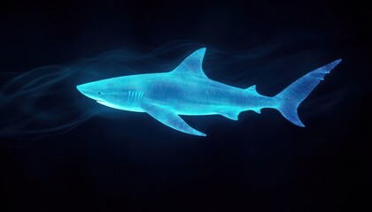 Obraz premium A neon blue shark silhouette glows against a dark background, its streamlined shape illuminated by a soft, glowing neon light as it swims gracefully through the deep, dark ocean